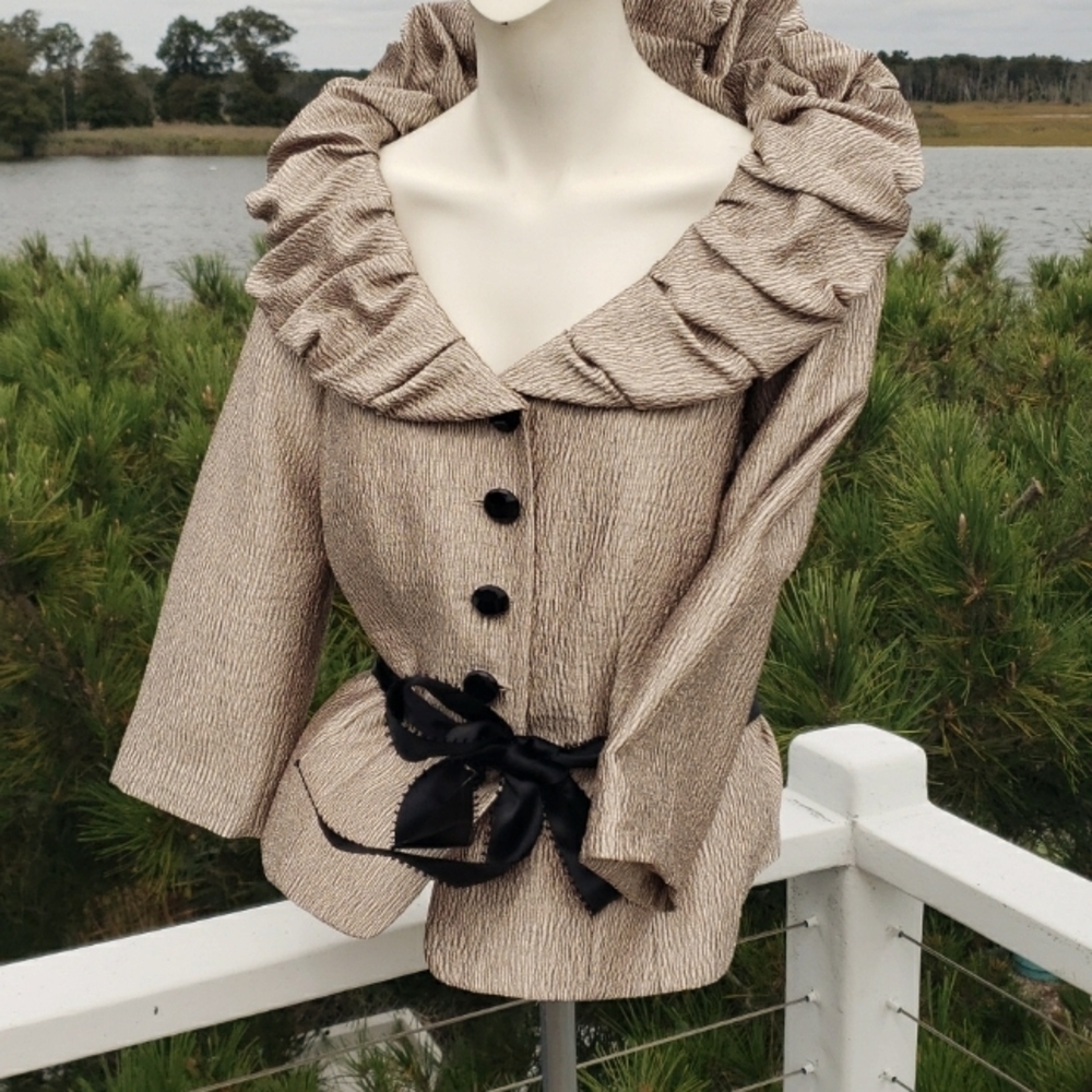 Adrianna Papell Evening Essentials gold metallic ruffle collar jacket Sz 10 - Picture 5 of 16